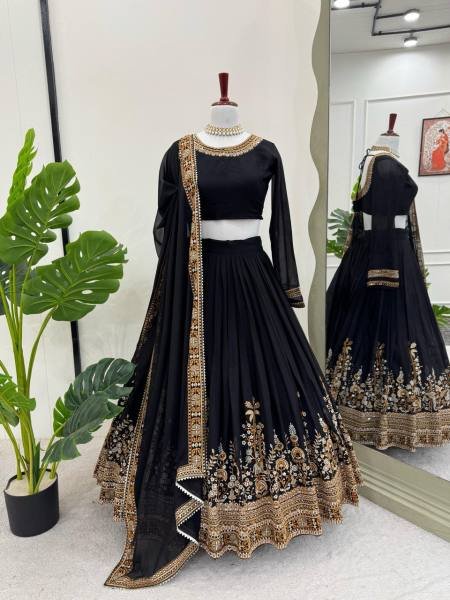 Black Georgette Bridal Lehenga Choli with Thread   Sequins Embroidery  Heavy Flair   Can Can     Semi Stitched Designer Set Designer Lehenga Choli