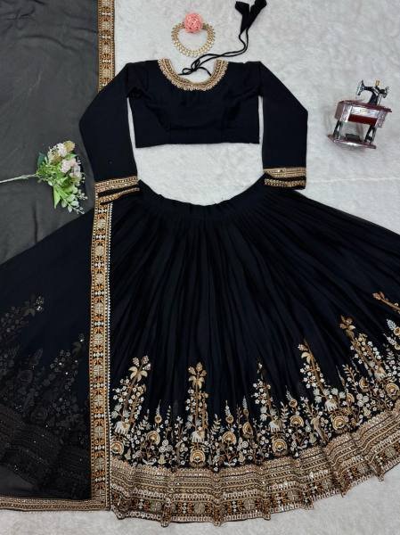 Black Georgette Bridal Lehenga Choli with Thread   Sequins Embroidery  Heavy Flair   Can Can     Semi Stitched Designer Set Designer Lehenga Choli