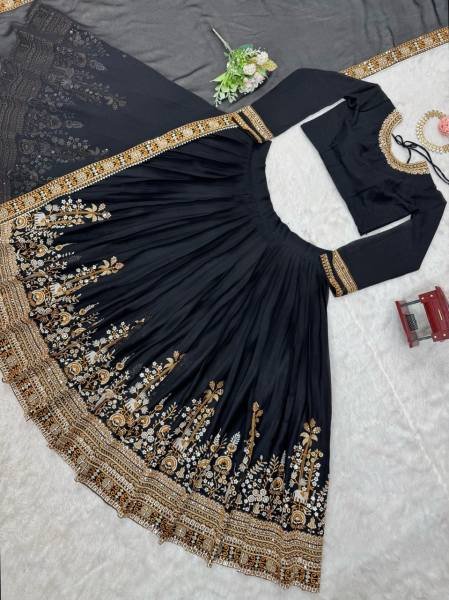 Black Georgette Bridal Lehenga Choli with Thread   Sequins Embroidery  Heavy Flair   Can Can     Semi Stitched Designer Set Designer Lehenga Choli