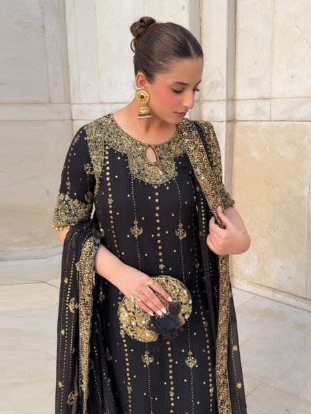 Black Georgette Embroidery Suit Set with Pant and Dupatta Fully Stitched For Resellers 