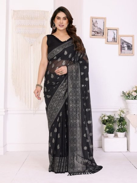 Black Georgette Foil Work Saree Subtle Shine with Stylish Border Elegance