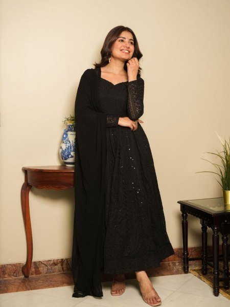 Black Georgette Lucknowi Anarkali Suit 3PC Set with Chikankari Work   Dupatta Premium Ethnic Wear at Low Price for Bulk Orders 