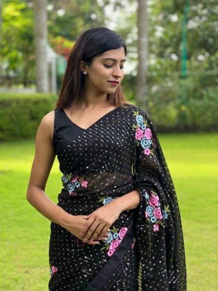Black Georgette Saree With Beautiful Sequence Embroidery Work  Georgette Sarees Wholesale