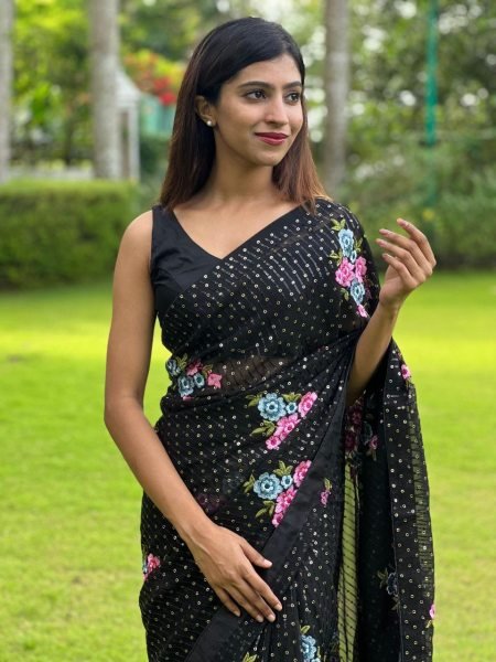 Black Georgette Saree With Beautiful Sequence Embroidery Work  Georgette Sarees Wholesale