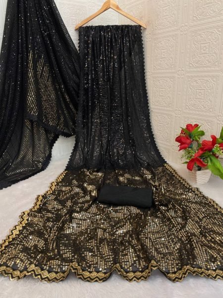 Black   Gold Georgette Saree with Sequin Embroidery &  Lace Border Party Ready Look Designer Wedding Sarees Wholesale