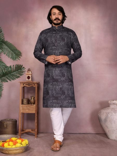 Black Premium Cotton Designer Mens Kurta Pyjama at Low Price 