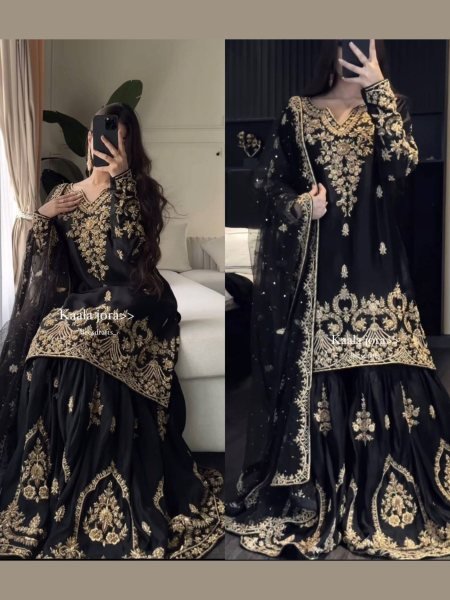 Black Heavy Embroidered Natural Crepe Sharara Suit Set with Georgette Dupatta Ready to Wear Party Wear for Resellers 