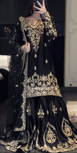 Black Heavy Embroidered Natural Crepe Sharara Suit Set with Georgette Dupatta Ready to Wear Party Wear for Resellers Ready To Wear Collection