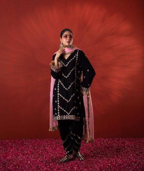Black Heavy Velvet Embroidered Top Palazzo Suit  Ready To Wear Collection