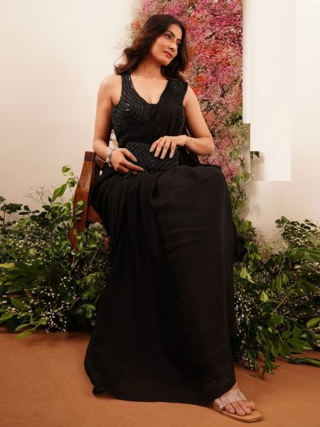 Black Luxe Georgette Saree with Pearl Embroidery & Beaded Blouse VIP Party Edition Ready To Wear Saree 