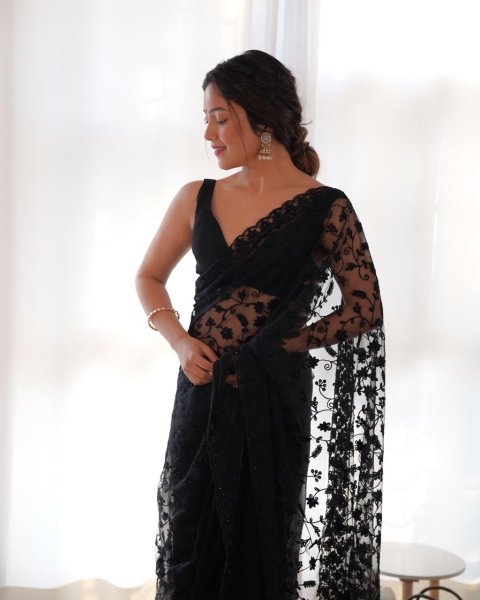 Black Magic Drape Party Wear Butterfly Net Saree with Embroidery & Cutwork Pallu Net Sarees Wholesale