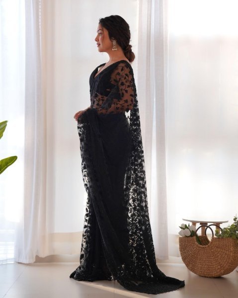 Black Magic Drape Party Wear Butterfly Net Saree with Embroidery & Cutwork Pallu Net Sarees Wholesale