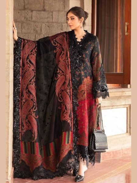 Black & Maroon Taj Pure Cotton Printed Top with Heavy Embroidery Pakistani Ethnic Wear at Wholesale Price 