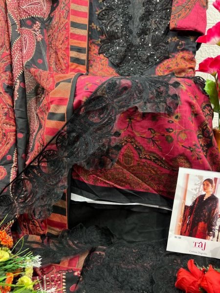 Black & Maroon Taj Pure Cotton Printed Top with Heavy Embroidery Pakistani Ethnic Wear at Wholesale Price Pakistani Suits Wholesale