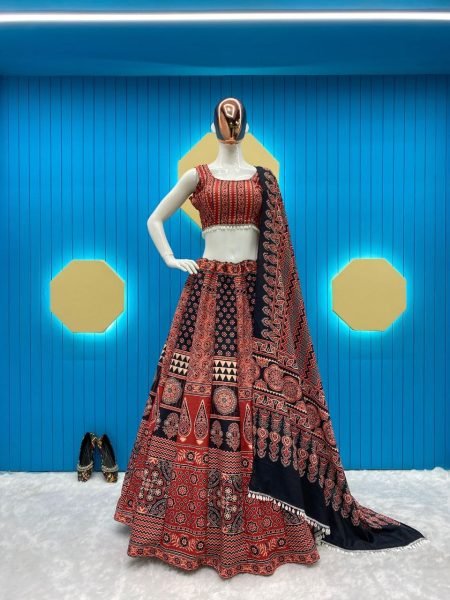 Black Maroon Reyon Printed Lehenga Choli With Kodi Work Navratri Lehnega Choli