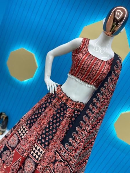Black Maroon Reyon Printed Lehenga Choli With Kodi Work Navratri Lehnega Choli