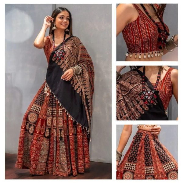 Black Maroon Reyon Printed Lehenga Choli With Kodi Work Navratri Lehnega Choli