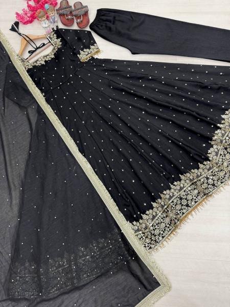 Black Party Wear Vichitra Silk Anarkali Gown  Dupatta   Pent Plazzo Set with Embroidery   Sequence Work  Ready To Wear Collection