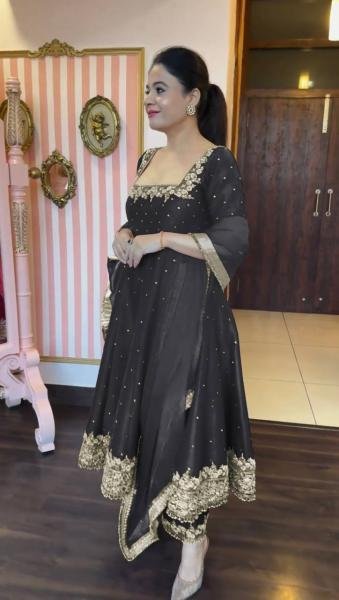 Black Party Wear Vichitra Silk Anarkali Gown  Dupatta   Pent Plazzo Set with Embroidery   Sequence Work  Ready To Wear Collection