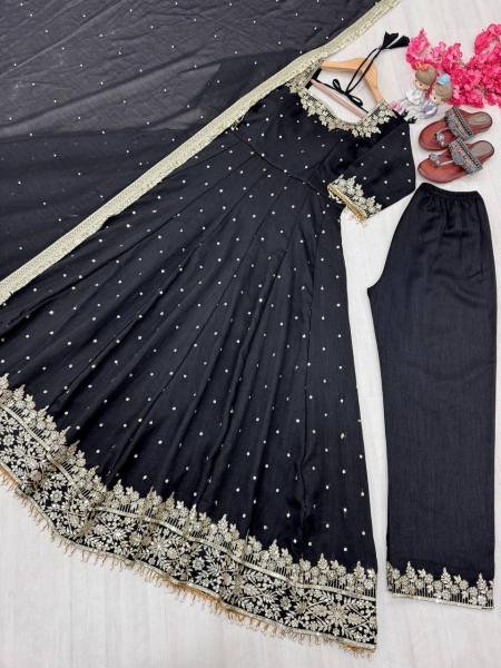 Black Party Wear Vichitra Silk Anarkali Gown  Dupatta   Pent Plazzo Set with Embroidery   Sequence Work  Ready To Wear Collection