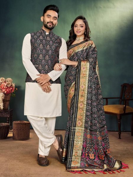 Black Partywear Couple Combo Mens Kurta Pajama with Jacquard Silk Jacket   Womens Jacquard Saree