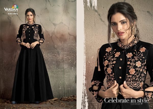 Black Partywear Embroidered Tapeta Readymade Silk Gown  Anarakali Gown Wholesale