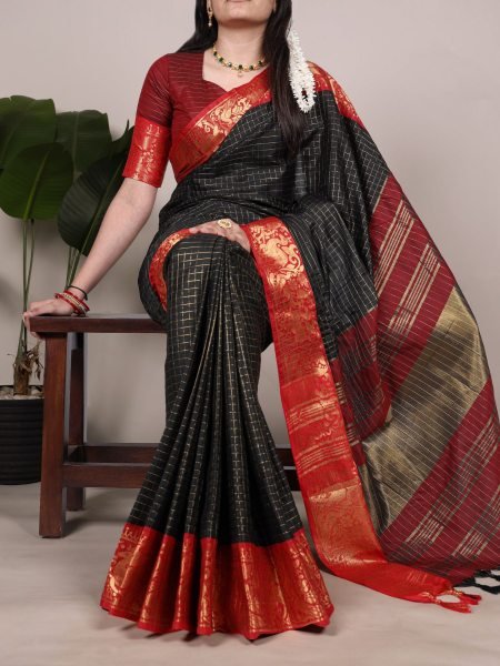 Black Poly Cotton Chex Saree with Red Zari Border Perfect for Weddings