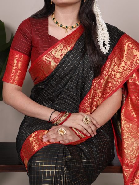 Black Poly Cotton Chex Saree with Red Zari Border Perfect for Weddings South Indian Saree 