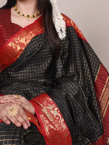Black Poly Cotton Chex Saree with Red Zari Border Perfect for Weddings South Indian Saree 