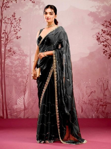 Black Poly Embroidered Saree with Mirror Work & Ethnic Motifs Perfect for Festive Gifting Embroidery Sarees Wholesale