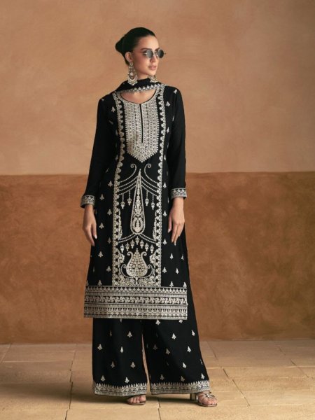 Black Premium Chinon Silk Plazzo Suits Collection 