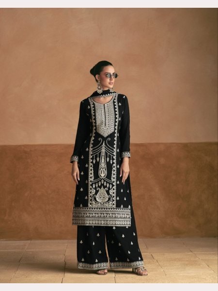 Black Premium Chinon Silk Plazzo Suits Collection  Designer Plazzo Salwar Suits Wholesale