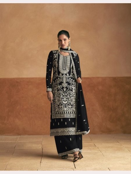 Black Premium Chinon Silk Plazzo Suits Collection  Designer Plazzo Salwar Suits Wholesale