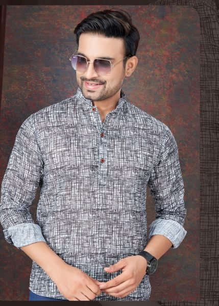Black Printed Linen Kurta for Men Smart Casual Style Mens Shirt