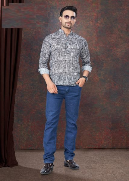 Black Printed Linen Kurta for Men Smart Casual Style Mens Shirt