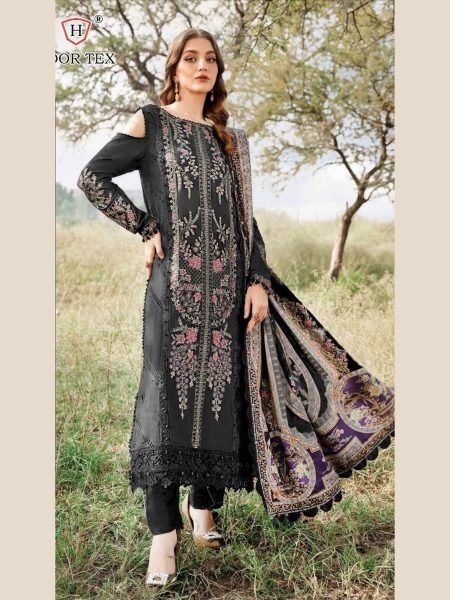 Black Rayon Pakistani Suit with Cotton Printed Dupatta Hoor Tex H 377  Salwar Kameez