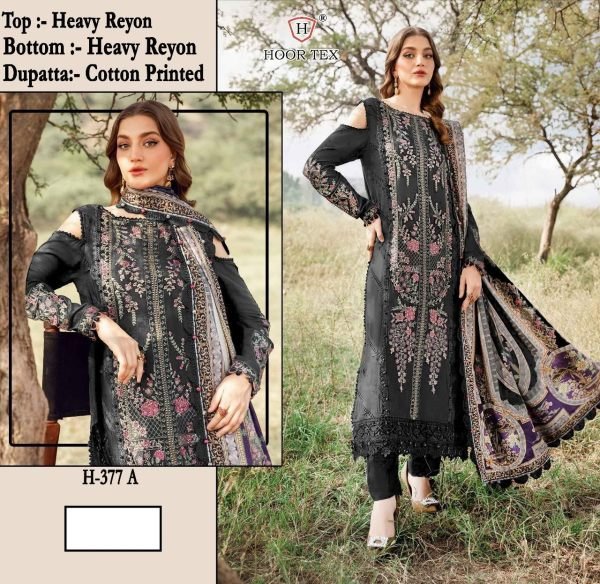 Black Rayon Pakistani Suit with Cotton Printed Dupatta Hoor Tex H 377  Pakistani Suits Wholesale