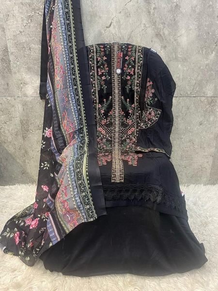 Black Rayon Pakistani Suit with Cotton Printed Dupatta Hoor Tex H 377  Pakistani Suits Wholesale