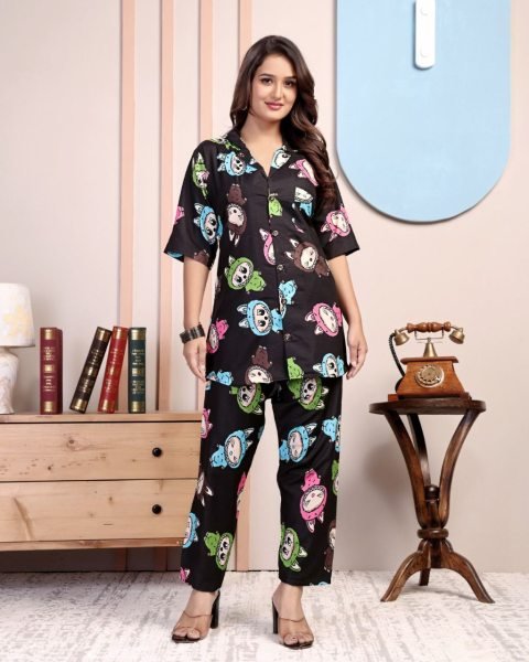 Black Rayon Printed Cord Set with Cute Cartoon Digital Print Cozy Nightwear Night Suit Wholesale