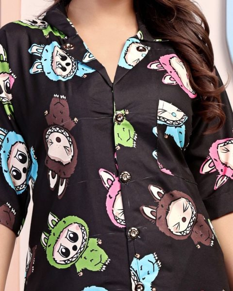 Black Rayon Printed Cord Set with Cute Cartoon Digital Print Cozy Nightwear Night Suit Wholesale