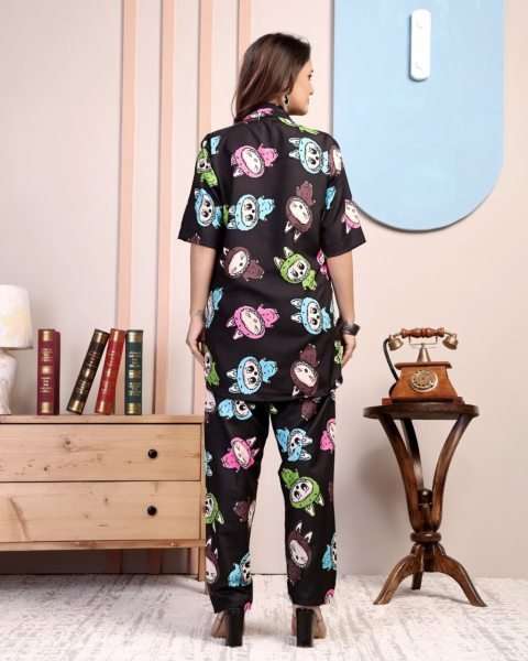 Black Rayon Printed Cord Set with Cute Cartoon Digital Print Cozy Nightwear Night Suit Wholesale