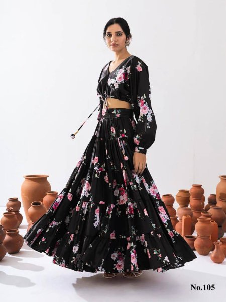 Black ReadyMade Heavy Chinon Printed Lehenga Choli   Lehenga