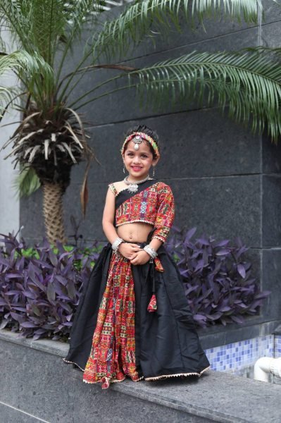Black Roman Silk Kids Navratri Lehenga Choli with Mirror Work Dandiya Outfit Girls Wear