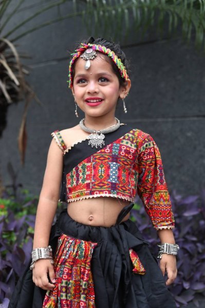 Black Roman Silk Kids Navratri Lehenga Choli with Mirror Work Dandiya Outfit Girls Wear
