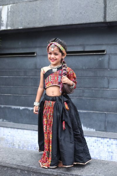Black Roman Silk Kids Navratri Lehenga Choli with Mirror Work Dandiya Outfit Girls Wear