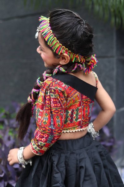 Black Roman Silk Kids Navratri Lehenga Choli with Mirror Work Dandiya Outfit Girls Wear