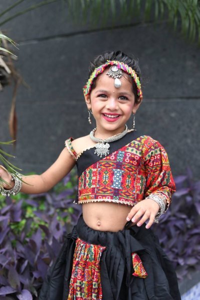 Black Roman Silk Kids Navratri Lehenga Choli with Mirror Work Dandiya Outfit Girls Wear