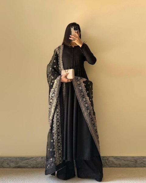 Black Sequins Chinon Silk Party Wear Anarkali Suit With Dupatta Ready To Wear Collection