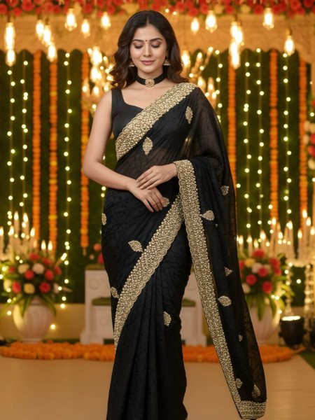 Black Silk Saree with Embellished Diamond Detailing for Party Wear Sarees 