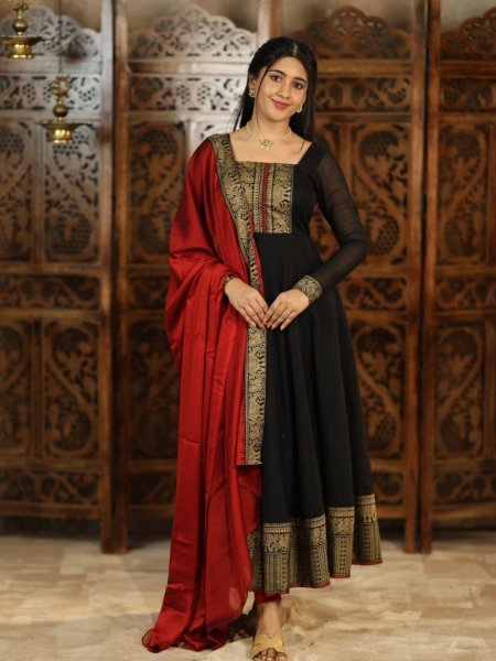Black Vichitra Silk Suit with Jacquard Lace and Dupatta at Low Price